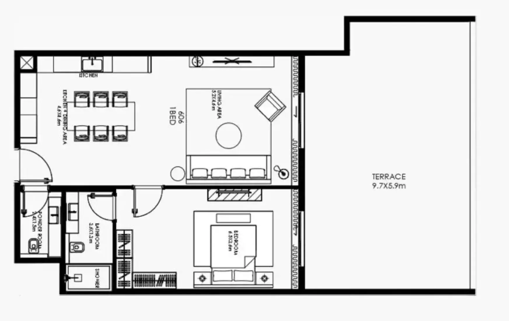 One bed with terrace