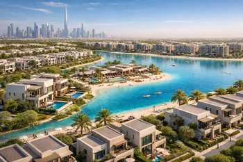 The Brooks Sobha Sanctuary lagoon aerial with skyline